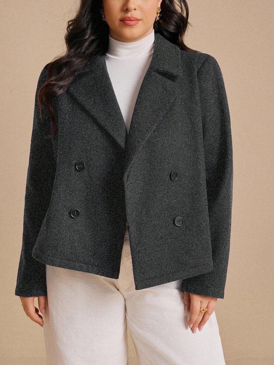 Elaquor Áo khoác blazer ngắn màu xanh navy rộng rãi cỡ lớn dành cho nữ, mùa đông - Màu xám đen - Xem 1