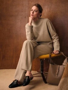 MOTF PREMIUM Conjunto de top con cuello split y pantalones con cordón en la cintura - Caqui - Ver 2