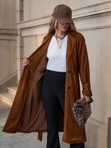 Solivie 女式秋季翻领长袖绒面革优雅风衣 - 卡其色 - 查看 8