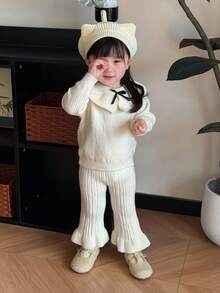 DAZY 女婴荷叶边领韩版蝴蝶结长袖毛衣裤套装，奶油色女婴套装，泡泡袖女婴套装，幼儿女童服装 - 米色 - 查看 3