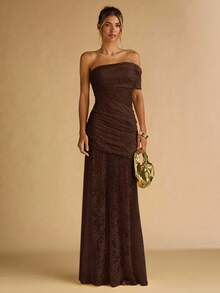 SHEIN BAE Women's Elegant Party Solid Color Lace Dress,Prom Dress,Fall Wedding Guest Dress,Wedding Guest Dress Women,Elegant Dresses For Party,Valentine's Day,Valentine Outfits For Women - Coffee Brown - View 3