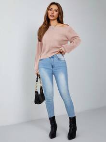 SHEIN PETITE 斜肩露肩針織套頭毛衣 不對稱領口長袖上衣 秋冬款 小碼女款 - 藕粉色 - 查看 4