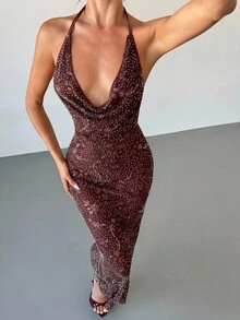 Firerie 女士新款亮片深 V 领收腰露背性感派对美人鱼长裙，性感亮片礼服，适合派对、婚礼、宴会、春夏、初秋、性感、约会、聚会、宴会、年会、婚礼季、毕业典礼、毕业舞会、表演服、音乐会、女士生日礼服、茶会 - 咖啡棕 - 查看 4