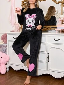 SHEIN Cute Heart & Cat Pattern Flannel Women Pajama Set, Fall/Winter Clothes, Fluffy, Cozy - Multicolor - View 4