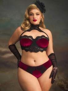 Plus Size Lace Patchwork Palace Style Velvet Heart-Shaped Lingerie - Burgundy - View 4