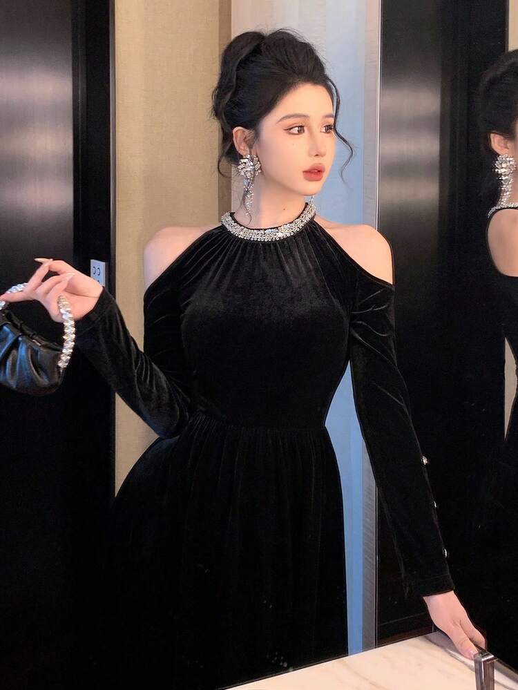 Elegant Party Dress With Shoulder Cut-Out & Rhinestone Decor, Mid-Length For Women, Autumn Prom Dress