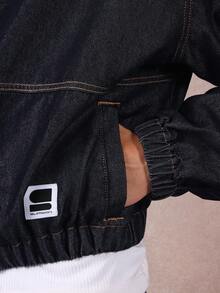 SUMWON Áo khoác denim lửng có mũ trùm đầu màu tối, quần jean oversized có khóa kéo, áo khoác ngoài, thời trang dạo phố, viền thun, mùa đông, mùa thu, thường ngày - Màu xanh lam - Xem 6