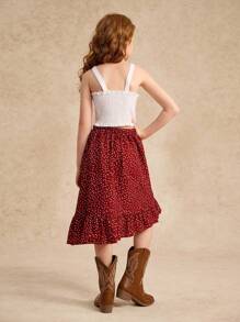 Tween Girl Casual Polka Dot Printed Wrap Skirt With Ruffle Hem And Cami Top Set Summer Holiday - Red - View 2
