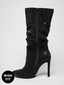 SHUZIA 女式宽筒及宽版水钻尖头及膝细高跟休闲中筒靴 - 黑色 - 查看 5