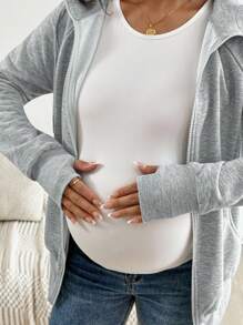 SHEIN 3-In-1 Maternity Hoodie Jacket With Pocket, Solid Color Pregnancy Sweatshirt Outerwear   Zip Up Hoodie   Fall Women Clothes - Grey - View 10