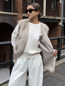 DAZY Women's Autumn Elegant Front Open Faux Fur Vest Jacket