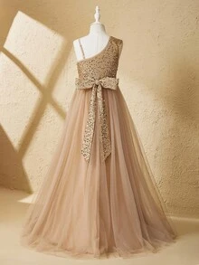 Flower Girl & Big Girl High-End One Shoulder Sequin Contrast Mesh Back Bow Long Dress, Suitable For Wedding, Christmas, Halloween, Performance, Prom, Birthday Party, Back To School, Graduation Fall Winter - Champagne - View 2
