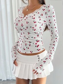 Chiquease Women's French Elegant Lace Patchwork V-Neck Ruched Button Long Sleeve T-Shirt Fall Cloth For Women - White - View 5