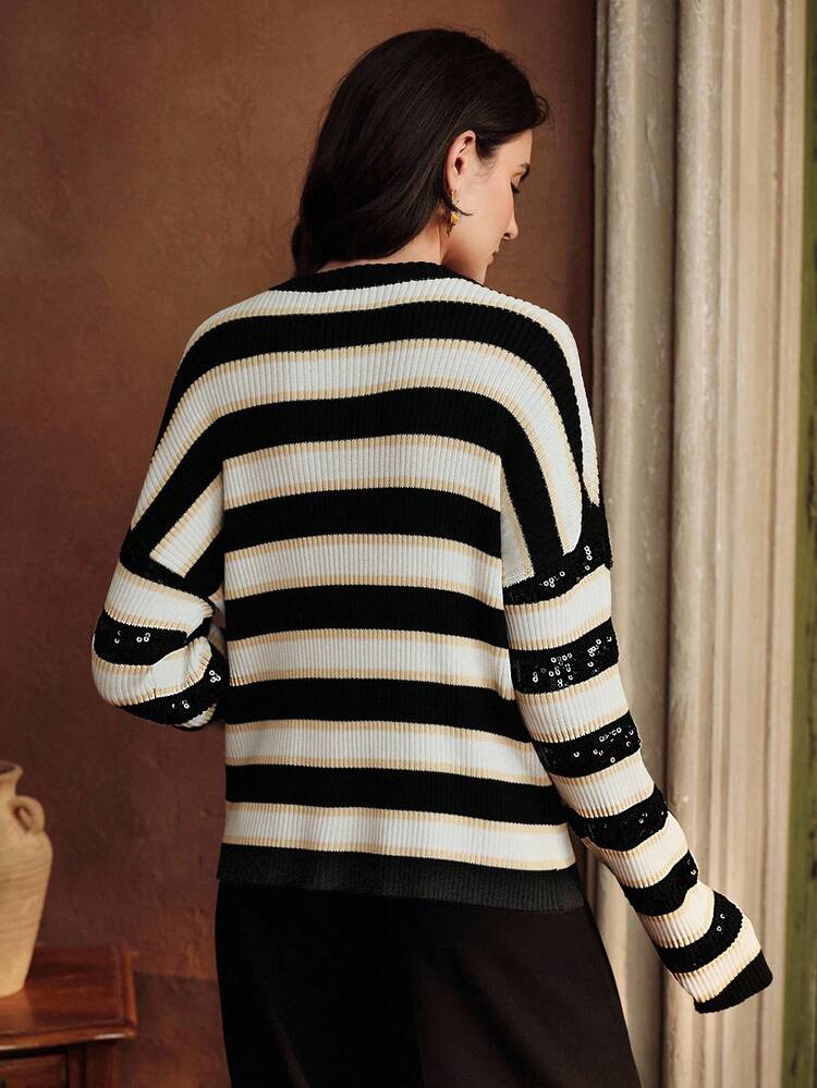 Women's Autumn/Winter Knit Cardigan, Christmas Chic Heavy Sequin Embroidery Colorblock Long Sleeve Crew Neck Sweater