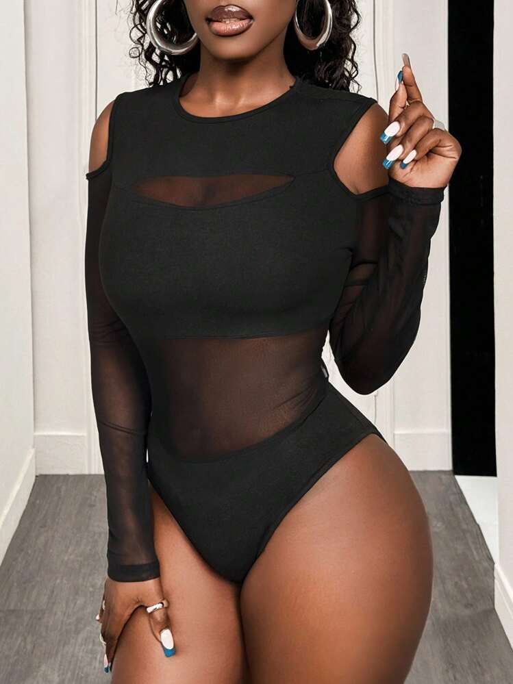 BamGleam Body Con Hombros Descubiertos Y Empalme De Malla Para Mujer - Negro - Añade 3