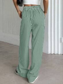 DAZY Women's Drawstring Waist Striped Pocket Wide Leg Loose Casual Pants - Green - View 2