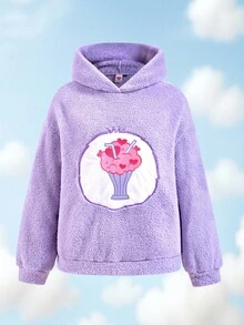 SHEIN X Care Bears Women's Cartoon Embroidered Fluffy Long Sleeve Hooded Sweatshirt