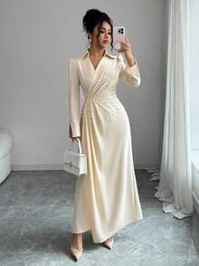 Elenzga 珍珠装饰优雅浪漫修身腰部 A 字形长袖开衩领女式连衣裙 - 杏色 - 查看 3