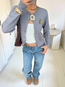 SHEIN EZwear Women's New Metal Buckle Decor Round Neck Cardigan In Fall/Winter