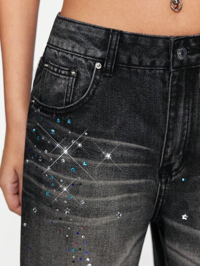 J-Fashion Vintage Subculture Retro Distressed Ripple Rhinestone Design Women Loose Low Waist Jeans