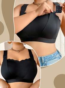 SHEIN 大码纯色贝壳边无钢圈文胸 - 黑色 - 查看 4