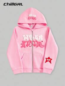 SHEIN ChillGRL Tween Girl Streetwear 连帽拉链运动衫，保暖内衬，适合秋冬季