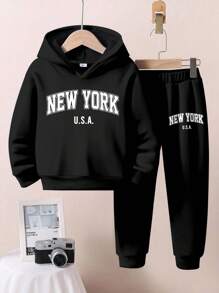 SHEIN 2pcs/Set Oversized Casual USA, New York, NY, Young Boys Print Hoodies And Pants Set, Suitable For Autumn And Winter