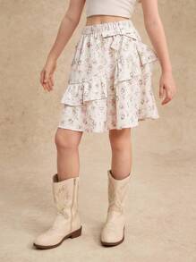 女童花卉印花荷叶边下摆松紧腰休闲裙 - 杏色 - 查看 4