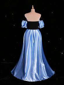 Viva Relle 大码女式优雅浪漫派对鸡尾酒婚礼宾客礼服，蝴蝶结露肩仿珍珠装饰泡泡袖，塔夫绸腰部收紧 A 字飘逸长裙 - 彩色 - 查看 4