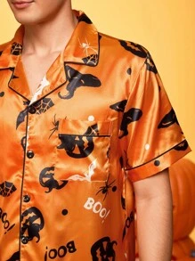 Halloween Satin Shiny Wizard Hat Funny Print Silly Pumpkin Bat Skull Family Party Cardigan Pajama Set 2pcs For Men - Orange - View 5