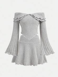 SHEIN Teen Girl Elegant Off Shoulder Flare Sleeve Asymmetric Hem T-Shirt And Skirt Set Fall Winter