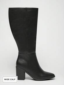 SHUZIA #WideCalfApproved 女式 3 英寸粗跟 PU 黑色及膝靴 - 时尚舒适，适合较宽的小腿，是自信、高雅外观的必备奢华单品。 - 黑色 - 查看 5