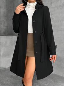 EURMUSE Women's Long Fit FW Fashion Belted Hooded Regular Coat - Black - View 3