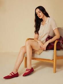 CUCCOO BASICS 女士红色双扣时尚舒适甜美平底鞋 - 紅色 - 查看 6