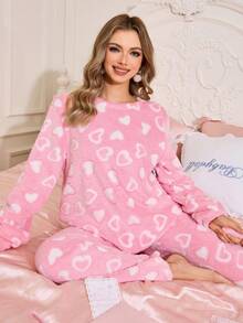 SweetSlumber Women Heart-Shaped Plush Fluffy Pajama Set, Long Sleeve Top & Long Pants Heart Cute Comfy Fluffy Pajama Set, Fall Winter Clothes, Cozy Outfit - Pink - View 3