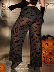 SHEIN EZwear Quần lưới lưới rộng rãi họa tiết dơi Halloween cỡ lớn cho nữ - màu đen - Xem 2