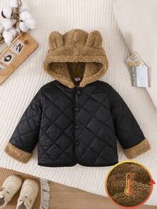 SHEIN Infant/Toddler Baby Boy Thick Thermal Lined Hooded Front-Zip Jacket, Suitable For Outdoor, Indoor, Sports, Baby Outerwear, Fall Winter 3M-3T Fall/Winter Neutral Baby Clothes Newborn Baby Clothes Unisex Jacket - Black - View 4