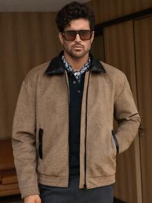 Manfinity VCAY Men's Long Sleeve Khaki Bomber Jacket,Autumn Streetwear Work Outerwear With Triangle Leather Patch Decoration And Turndown Collar Mocha Casual Jacket - Coffee Brown - View 1