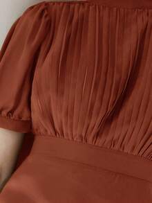 Aveloria Modichic 优雅女士雪纺连衣裙，褶皱胸部设计，公主袖，收腰喇叭裙，简约百搭，通勤适用，及膝长度 - 鏽棕色 - 查看 7