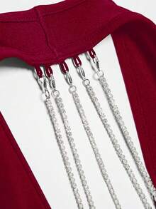 女式夏季新款V领露背链条装饰性感短款连衣裙 - 酒紅色 - 查看 6