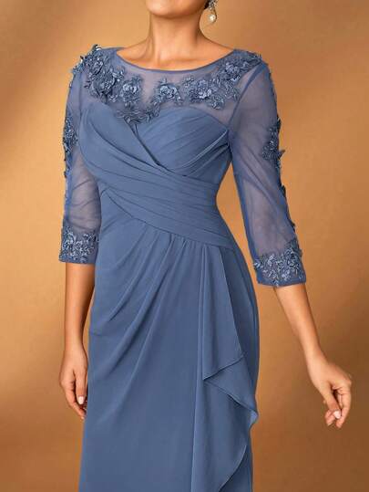 Serin Women's Elegant Gray-Pink Chiffon Fabric Round Neck Sheer Long Sleeve Ruched Sequin Applique Micro Mermaid Hem Dress, Suitable For Mother Of The Bride Wedding, Formal Events, Music Festivals, Parties