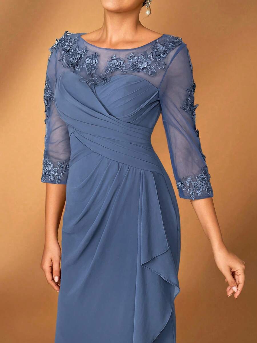 Serin 女士优雅雪纺面料圆领薄纱长袖褶皱亮片贴花装饰迷你鱼尾裙，适合新娘母亲婚礼、正式活动、音乐节、派对、情人节等场合。 - 霧霾藍 - 查看 1