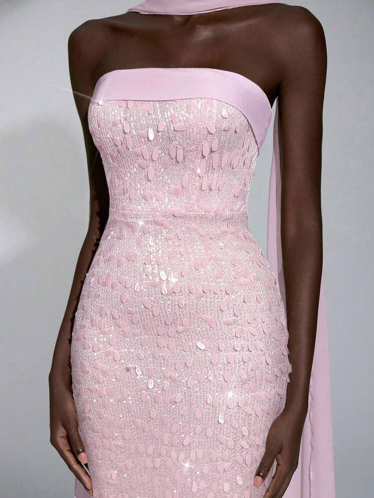 Elitara Elegante e lussuoso abito da sera lungo aderente con scollo a barchetta, decorato con perline 3D e con collo a fascia staccabile, adatto per appuntamenti, vacanze, feste per single, compleanni, lauree, matrimoni, eventi formali - Rosa Baby - Visualizzare 6