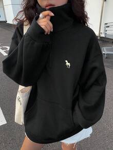DAZY Color Block Collar Thermal Lined Loose Fit Sweatshirt For Women Fall/Winter Y2k - Black - View 3