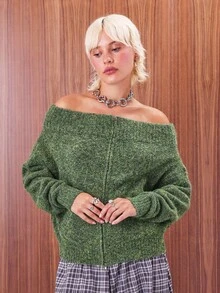 COUREZ Bardot 拉链针织套头衫 /Y2K 秋季女装 秋季服装 可爱上衣 外出上衣 冬季服装 - 綠色 - 查看 4