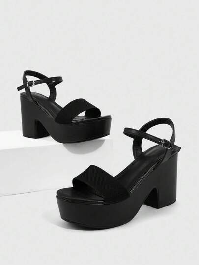 CUCCOO SZL 女士时尚黑色踝带凉鞋，简约舒适的厚底坡跟鞋，适合通勤、约会、派对、度假、婚礼、情人节