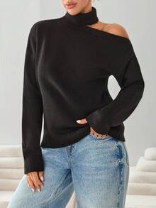 Maglione casual da donna a collo alto, con spalle scoperte e maniche a goccia, in tinta unita