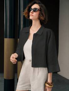 Uhlyne Women's Elegant Minimalist Solid Color Front Button Shirt, Suitable For Daily Commute - Black - View 3