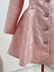 Flirla Vestido de talla grande con cuello cuadrado elegante, estampado jacquard y botones delanteros - Rosa vieja - Ver 5