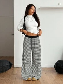 Coolane 女款黑白条纹针织阔腿裤 - 彩色 - 查看 7